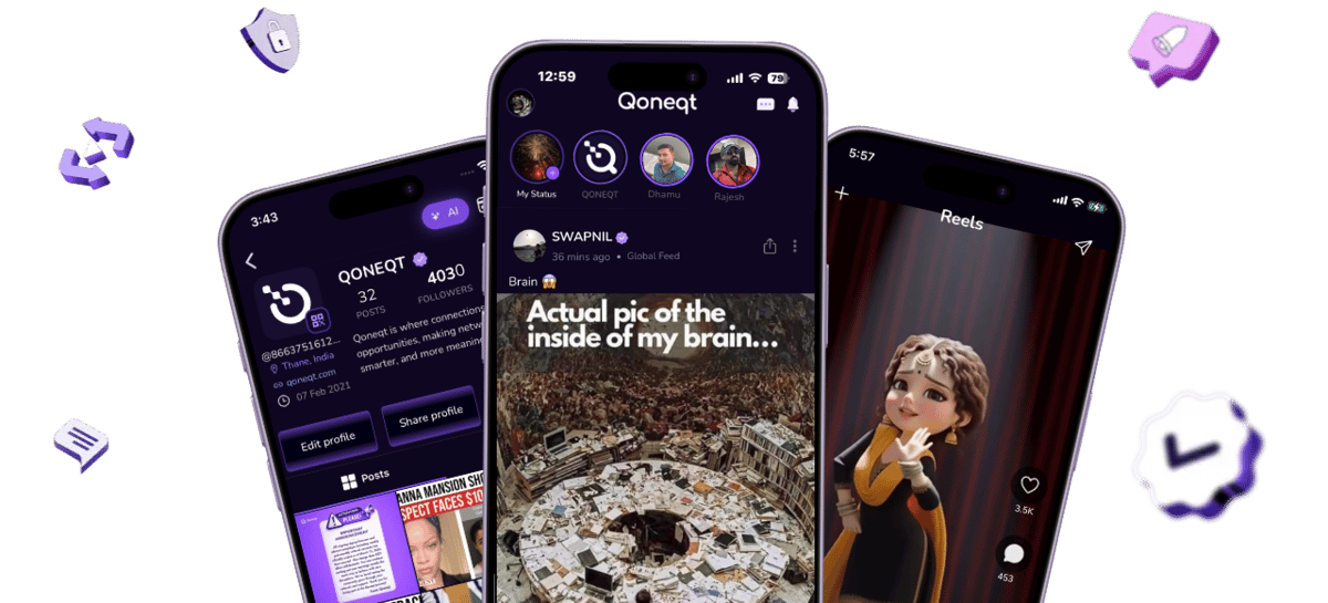 Qoneqt mobile app interface showing verified user profiles