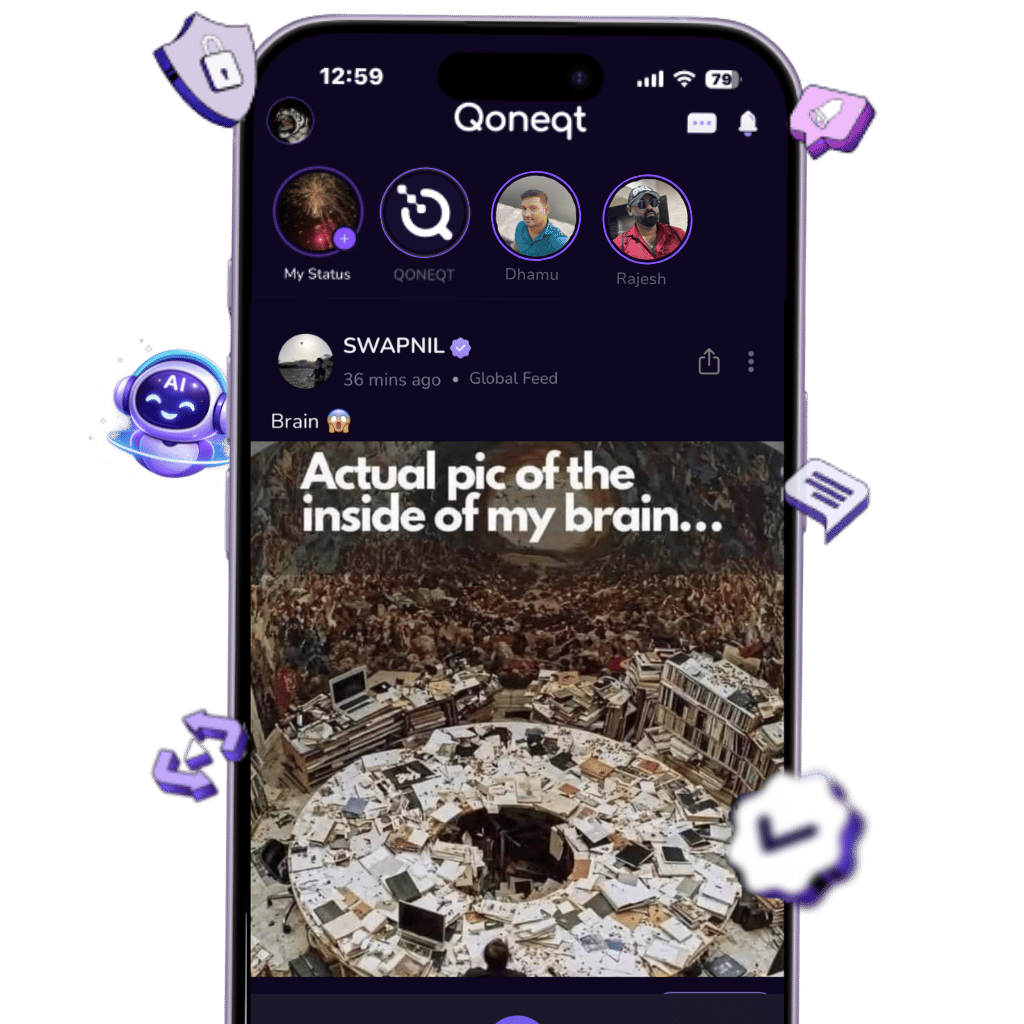 Qoneqt mobile app interface showing verified user profiles